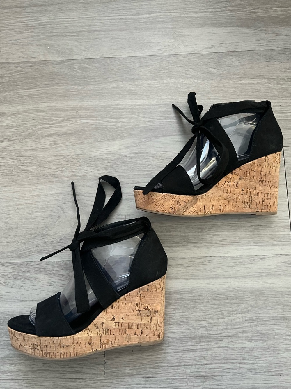 Steve Madden Nadim Black Suede Lace Up Cork Platform Wedge Sandals Women’s 8.5M